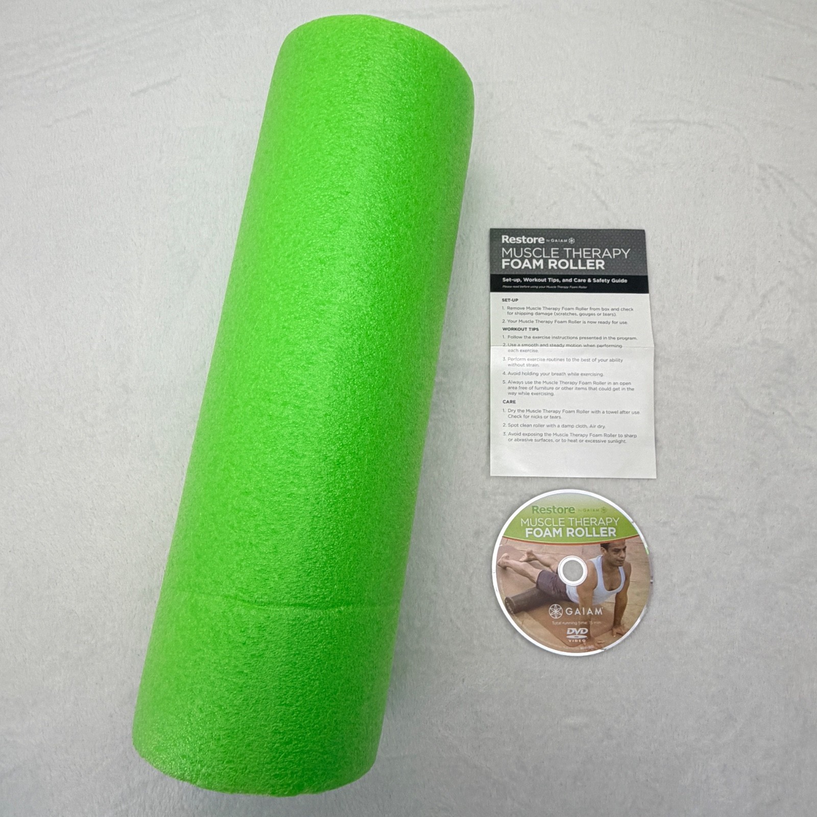 Gaiam Restore Muscle Massage Therapy Foam Roller 18" Semi Firm Green w/DVD