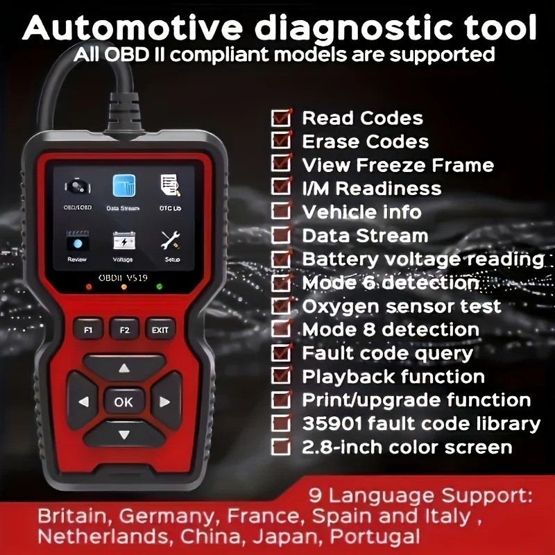 2026 V519 OBD2 Scanner Car Code Reader Check Engine Fault Diagnostic Tool OBDII