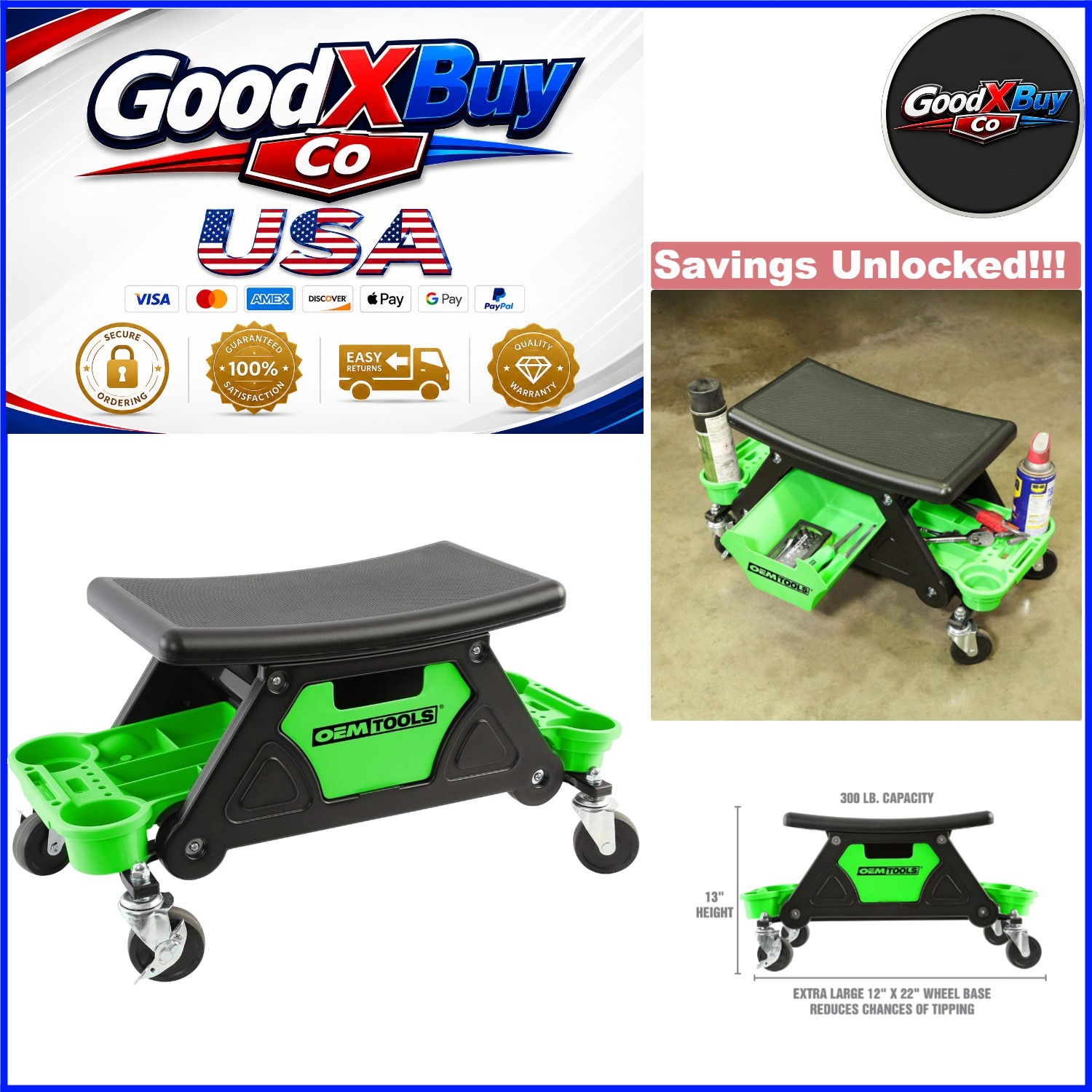 Heavy-Duty Green & Black Rolling Workbench Creeper Seat 300LB Capacity