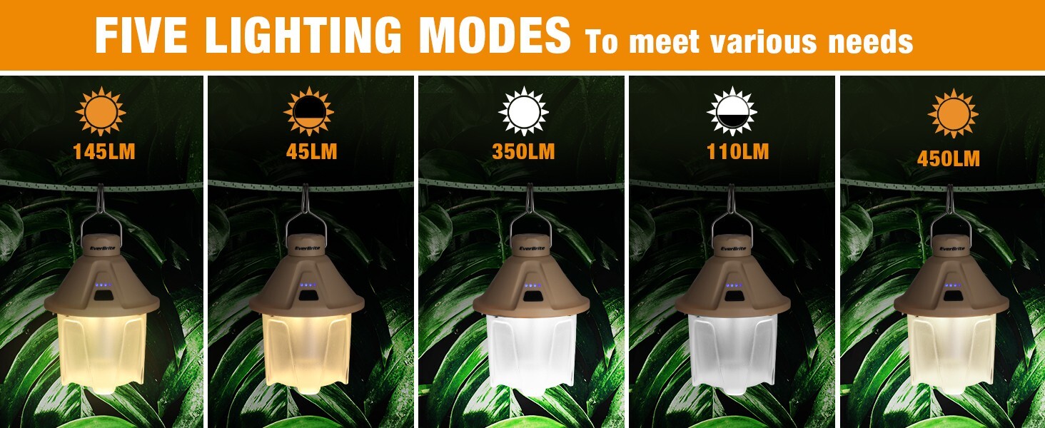 EverBrite 2 PACK 450LM Camping Lantern 5 Lighting Modes USB C Rechargeable