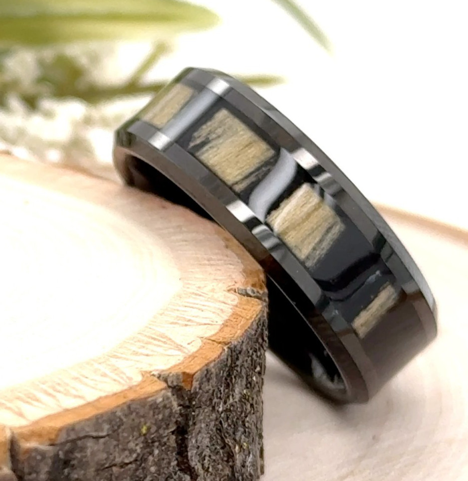 8mm Black Tungsten Christmas Gifts Band For Women Natural Wood Inlay Modern Ring