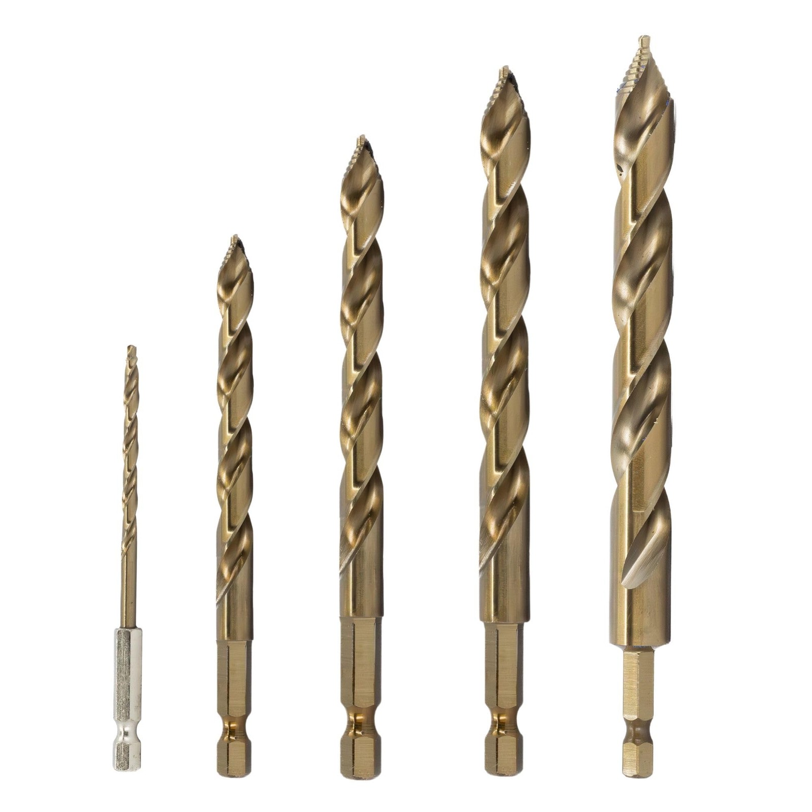 5 Piece Cobalt Stepped Point Drill Bit Set with Quick Change Hex Shank
