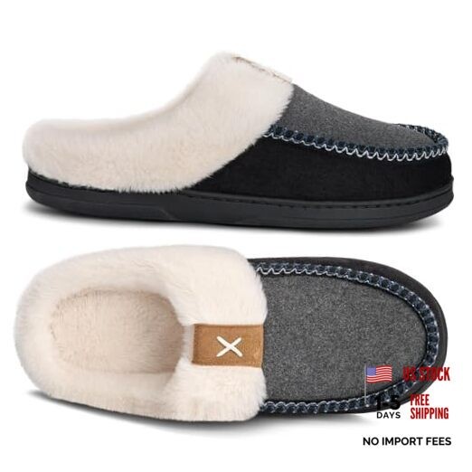 Slippers for Men Moccasins Memory Foam Fluffy Mens Slippers Slip on 7-8 Black