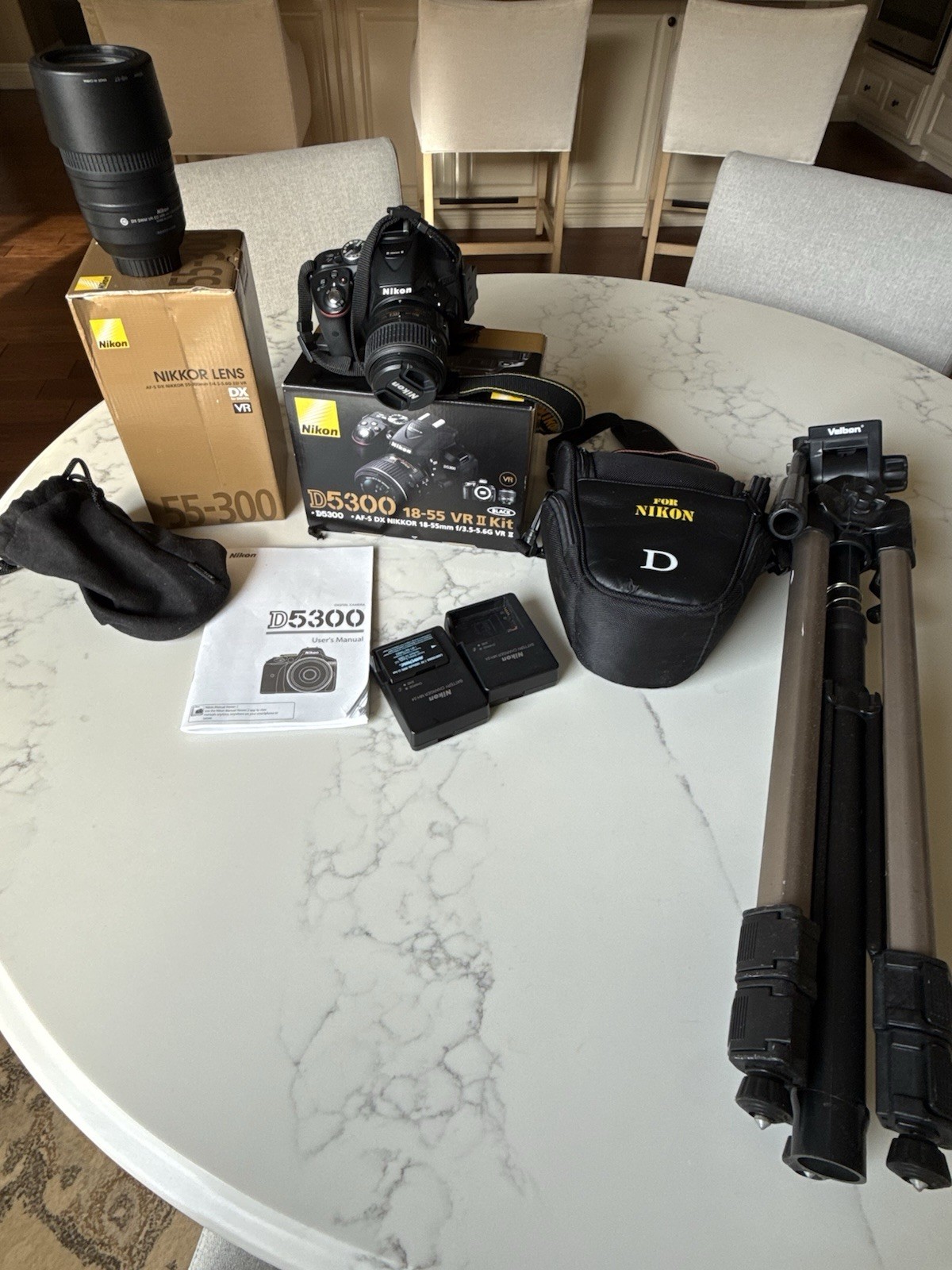 Nikon D5300 Camera Bundle 55-300mm Lens, Tripod, Bag, Chargers, Manual