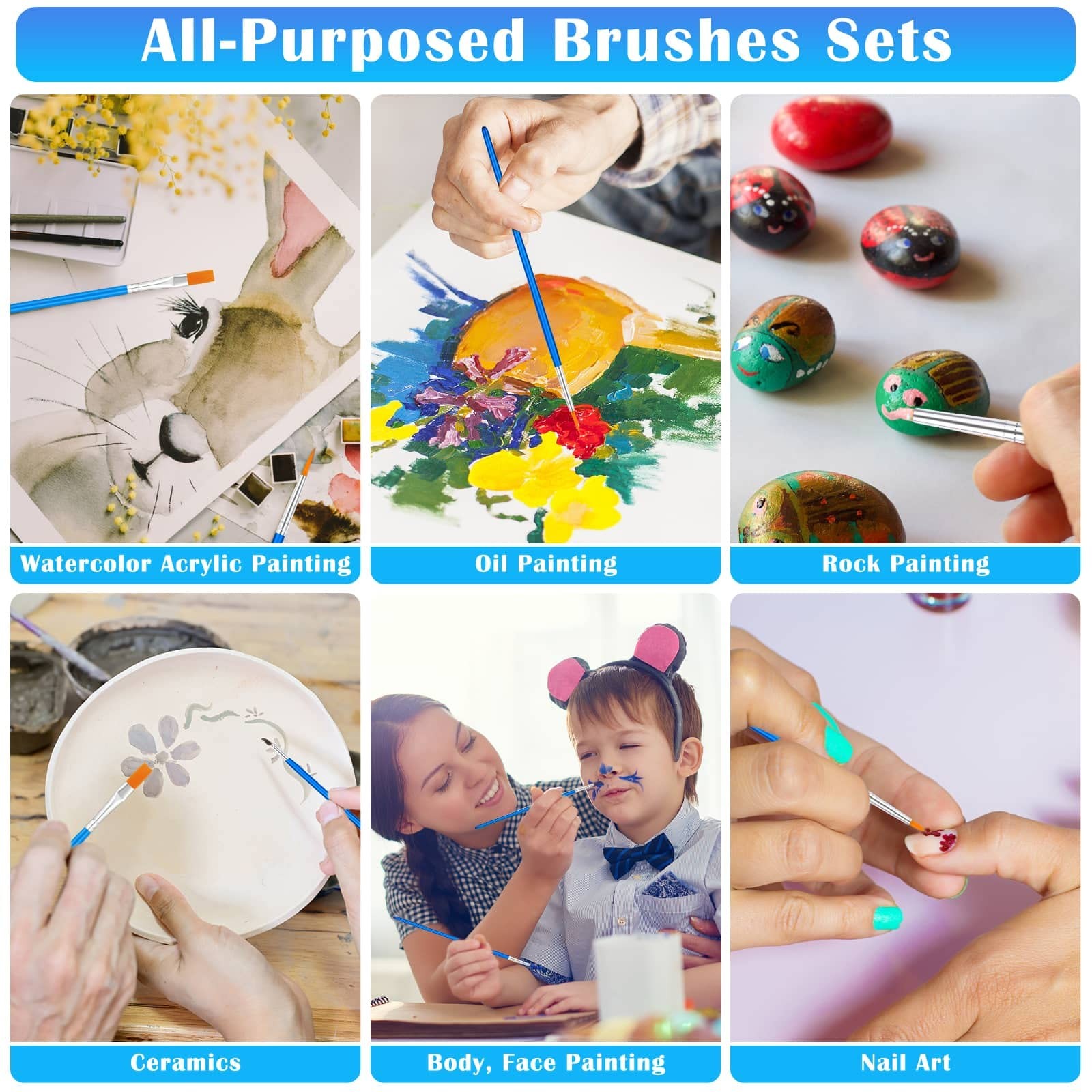 Small Paint Brushes Bulk, Anezus 50 Pcs Flat Tip Paint Brushes with Round Acr...