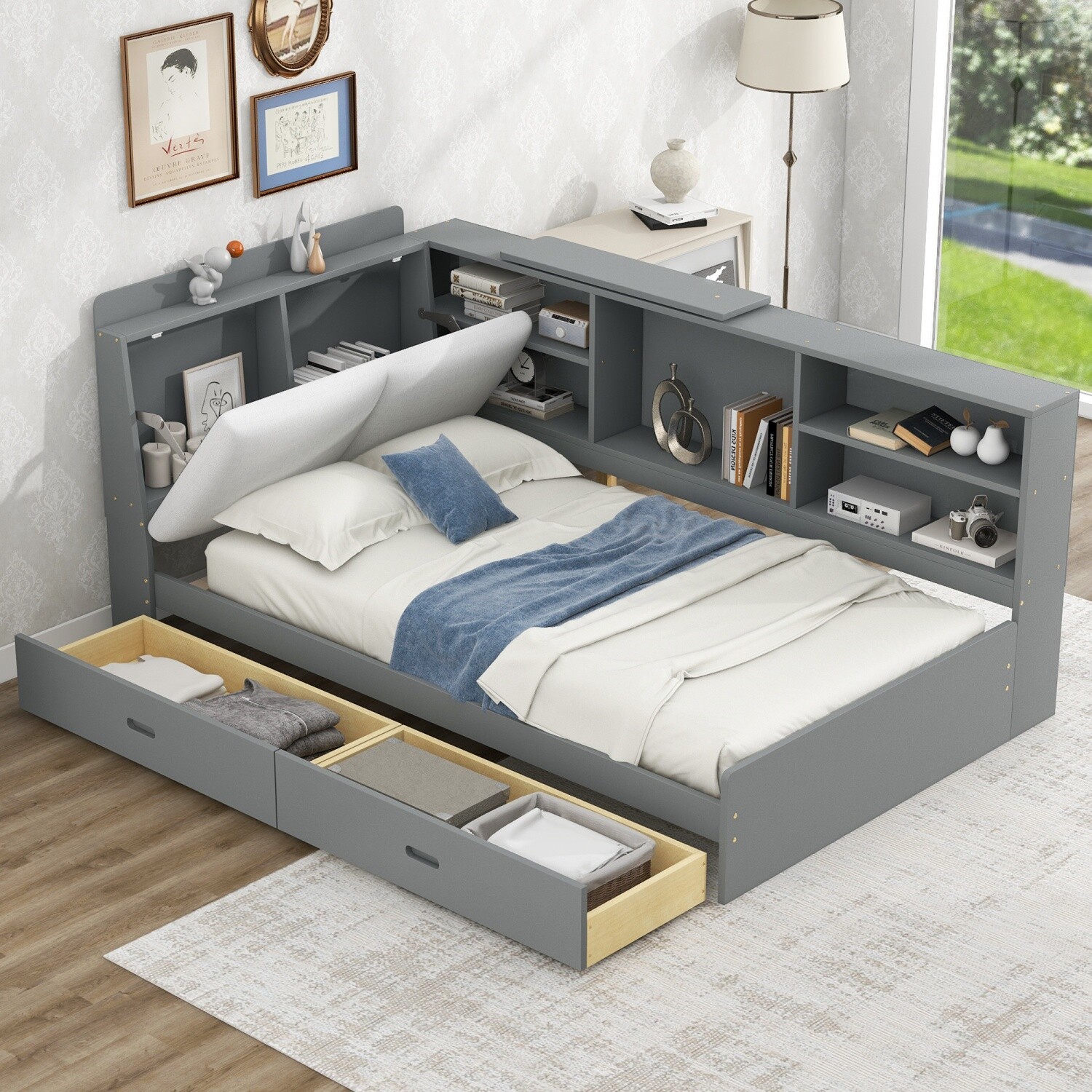 Twin Size Bed Frame Wood Platform Bed w/ 2 Drawers & Storage Headboard & Shelves