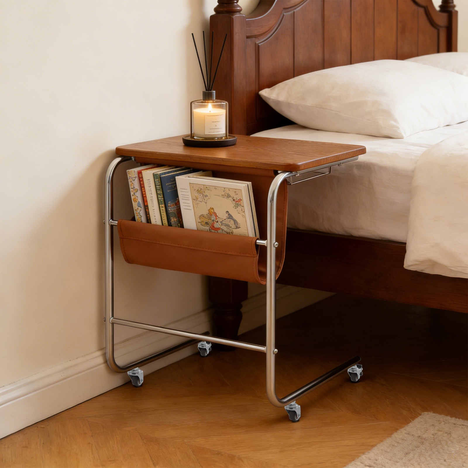 C-shaped End Table With Universal Wheels Sofa Side Table With Pu Storage Bag