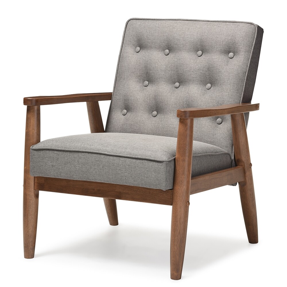 Mid-Century Dark Walnut Finished Gray Fabric Sofa, Loveseat, Chair or Set of all