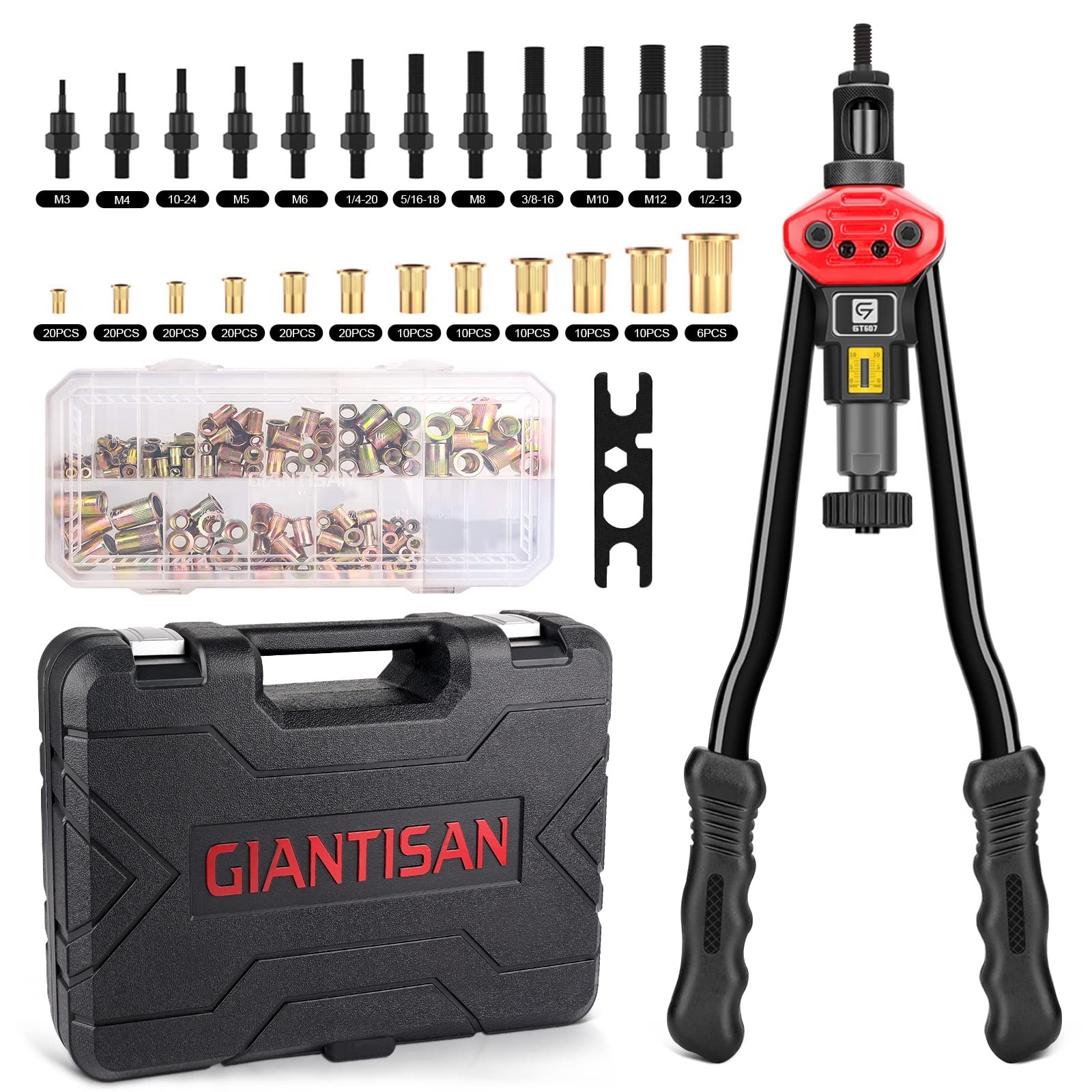 16" Rivet Nut Tool Kit with 12 Mandrels & 176 Rivet Nuts, Metric & SAE
