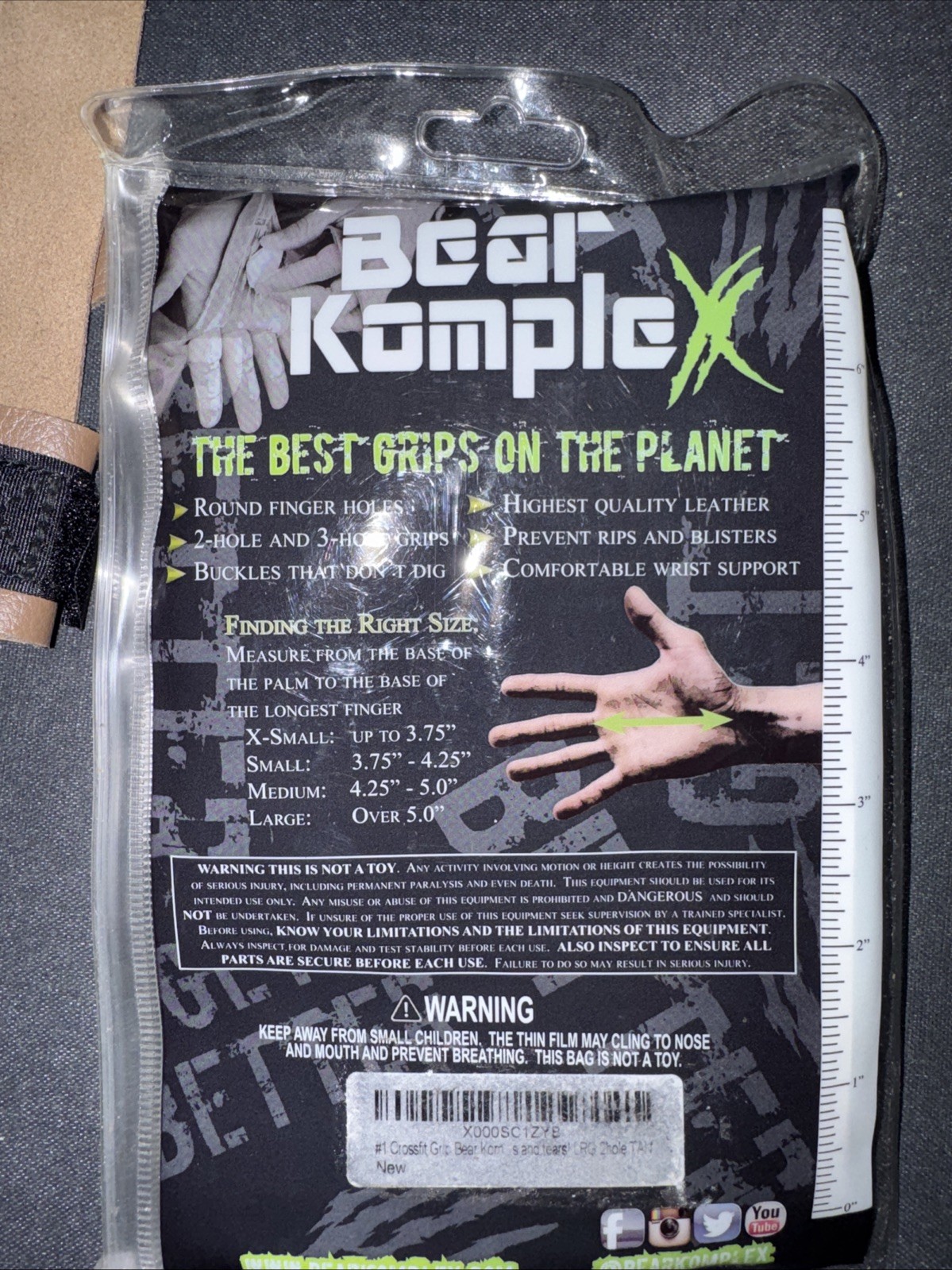 Bear Komplex 2 Hole Leather Hand Grips Tan Size Large