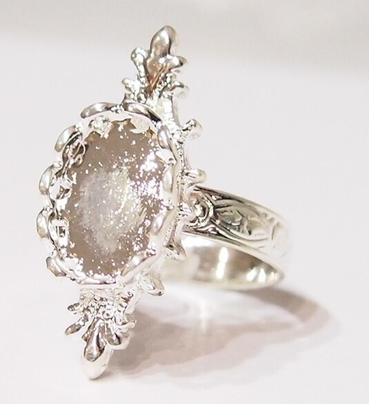 6 - 14x10mm Shiny Silver Victorian Deco Lefleur Design Adjustable Ring Settings
