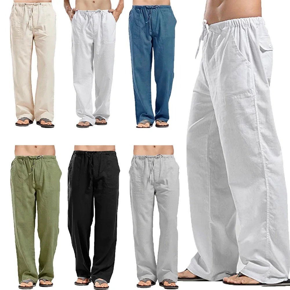 Men's linen pants casual drawstring fabric pants fitness sweatpants polyester DE