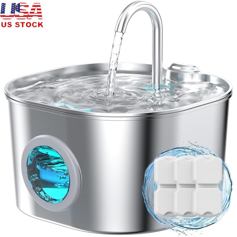 Stainless Steel Cat Water Fountain 74oz Automatic Pet Dispenser W/ Filters New