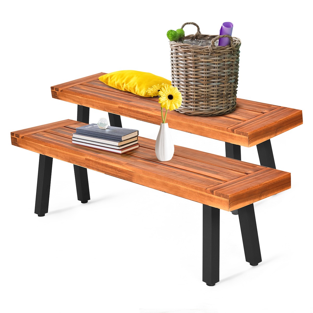 Pcs Of 2 Acacia Wood Dining Bench Rustic Wood Outdoor Patio Dining Home Brown