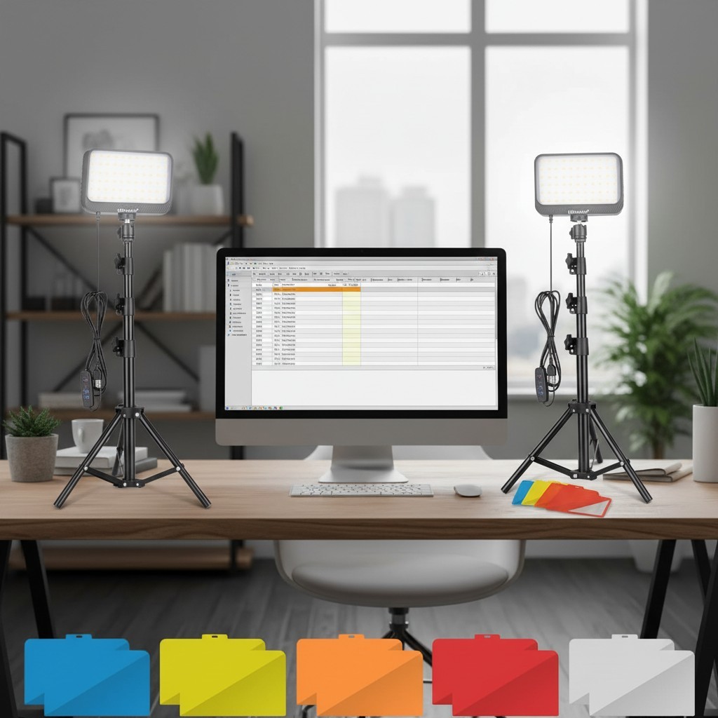 LED Video Light Kit - 2 Dimmable Lights with Adjustable Tripod & Color Filters