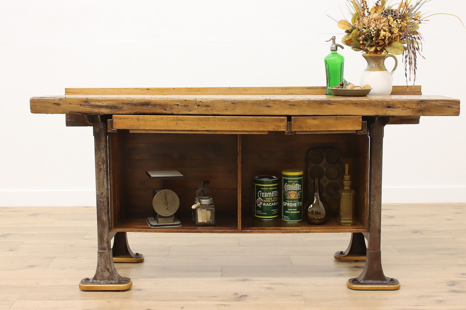 Industrial Antique Elm Workbench Wine Table Kitchen Island #55902