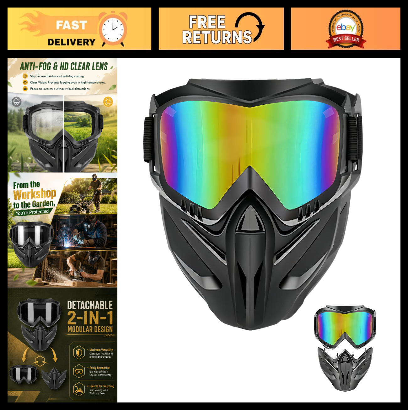 Detachable Full Face Goggles Mask - Anti-Fog HD Lenses, UV Protection, Dust & Fo