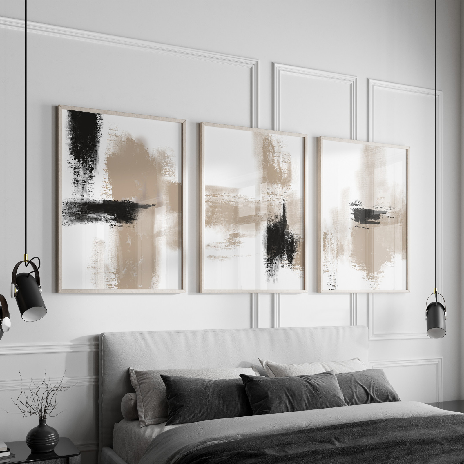 Abstract Black Beige Living Room Prints Set Of 3 Modern Home Decor Prints