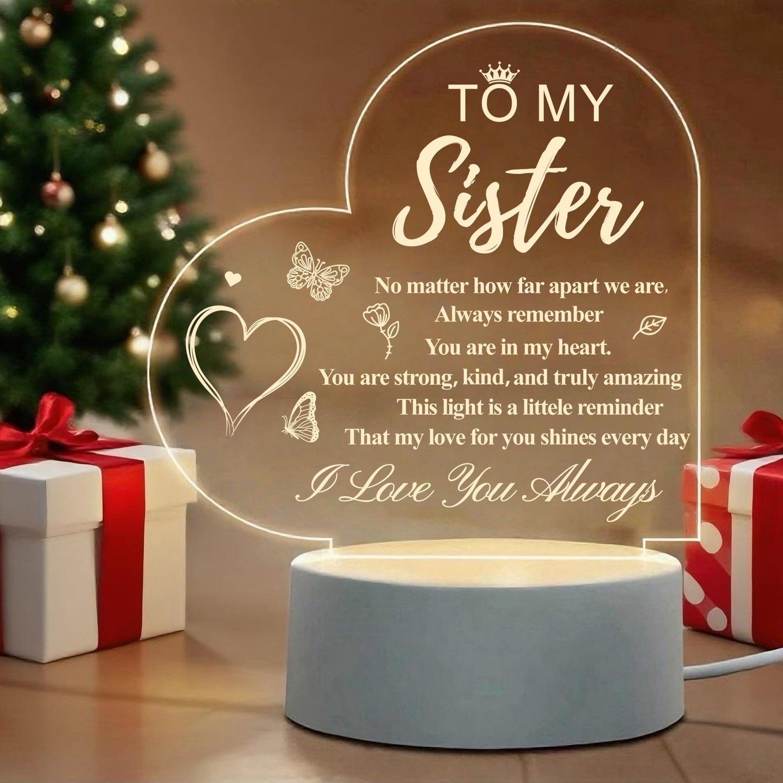 to My Sister Gifts, Acrylic Heart Shaped Night Light, Thank You Gifts from Si...