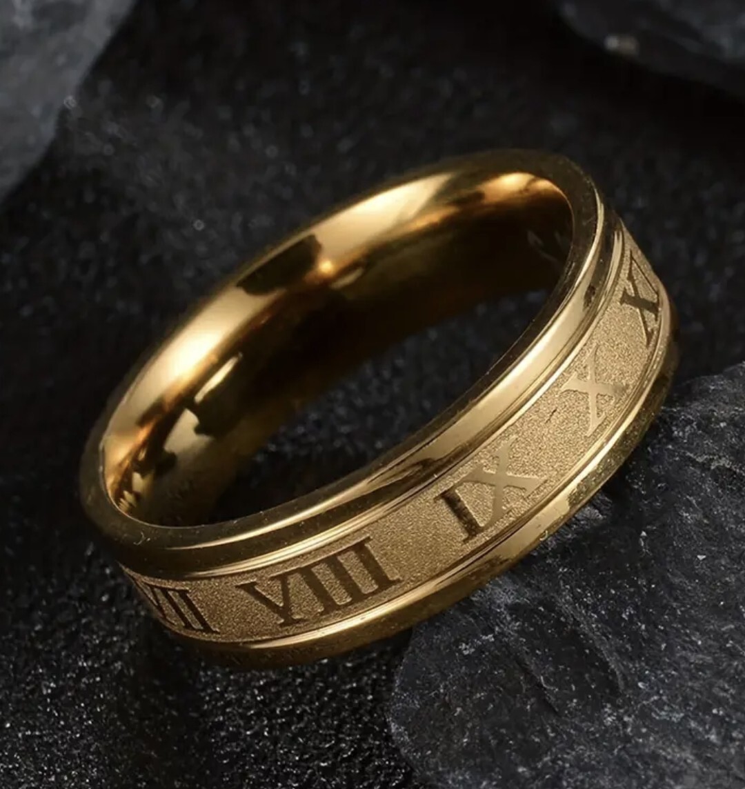 Roman Numerals Ring Gold Stainless Steel Band 6mm Size T1/2 Brilliant Item NEW