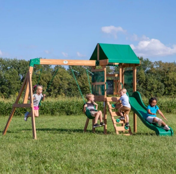 Cedar Swing Set Play Ground Slide Kid Wooden Wall Back Yard Children Wood House