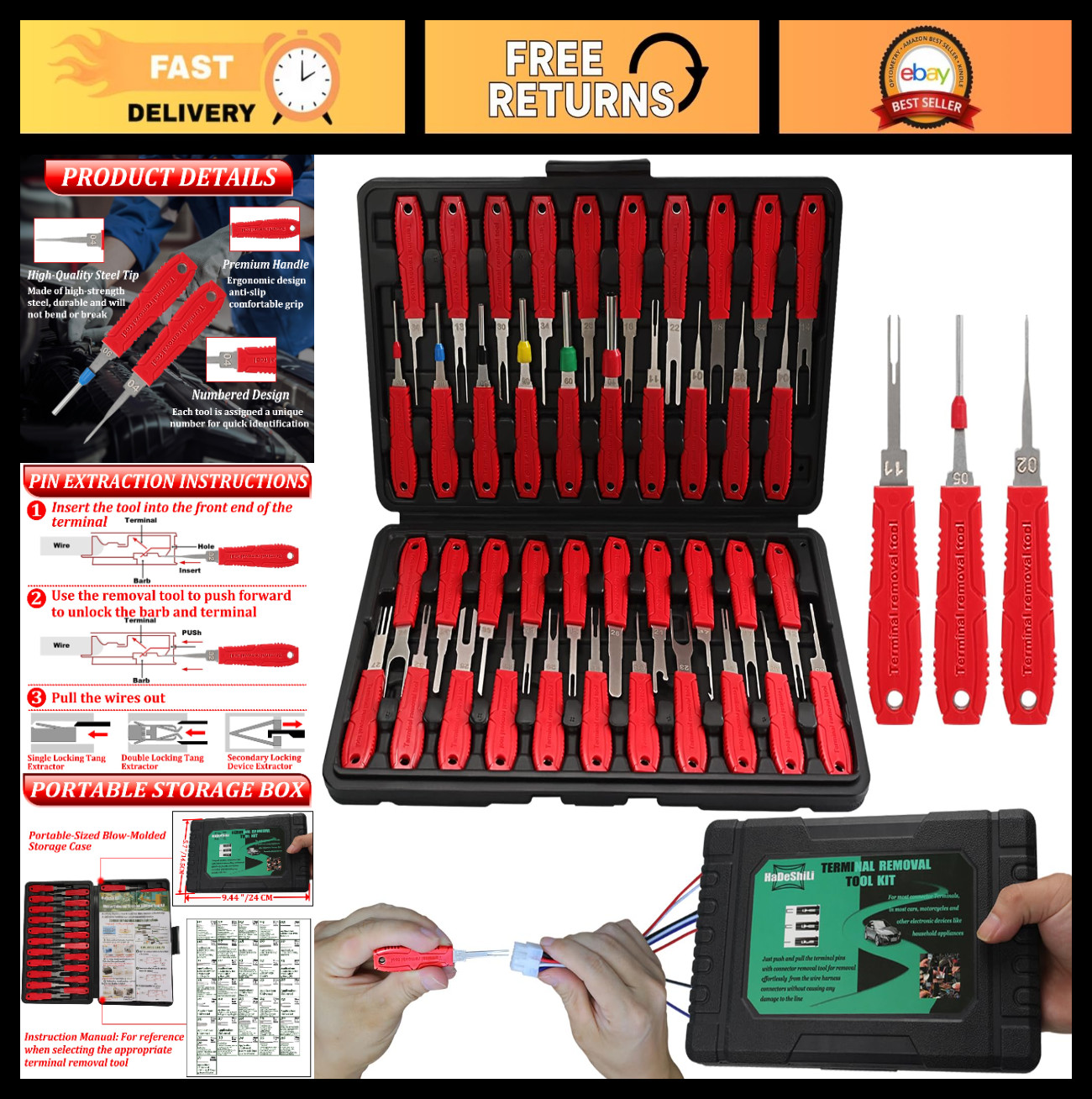 41pcs Terminal Removal Tool Kit - Electrical Pin Depinning Tools with Case for C