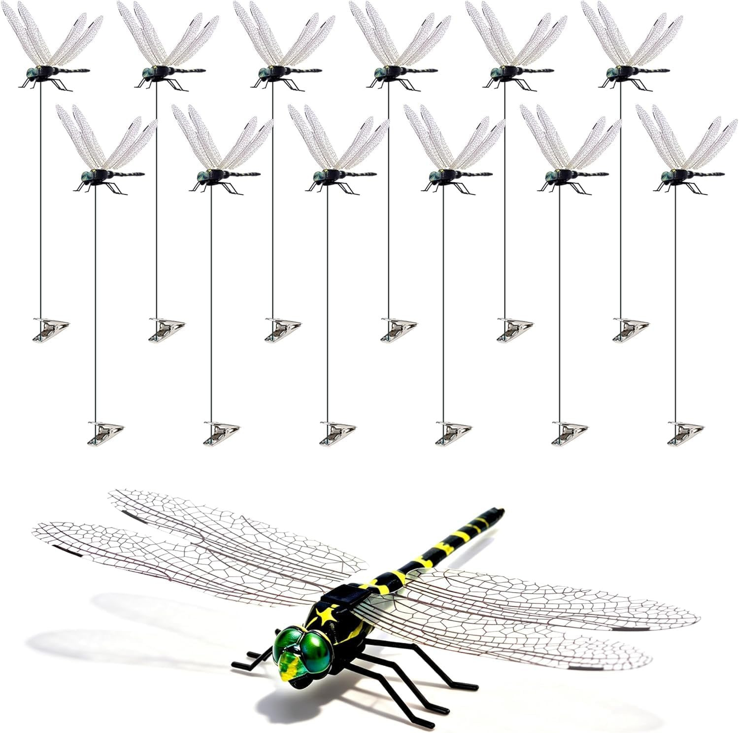 12 Pack 3D Dragonfly Clips, Fake Dragonflies with Stakes, Realistic Plastic Drag