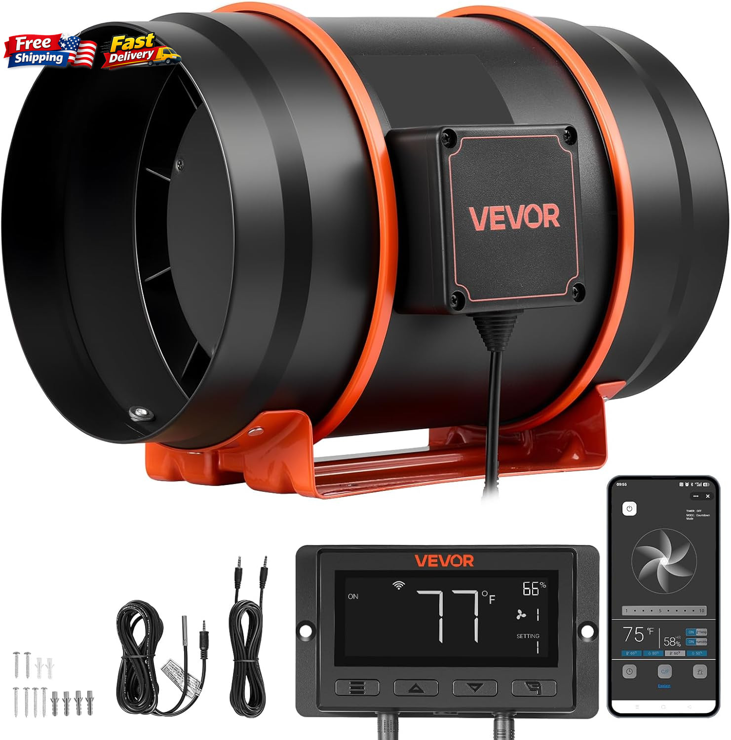 8 Inch Inline Duct Fan 807 CFM EC Motor with App Control & Temp Humidity Sensor