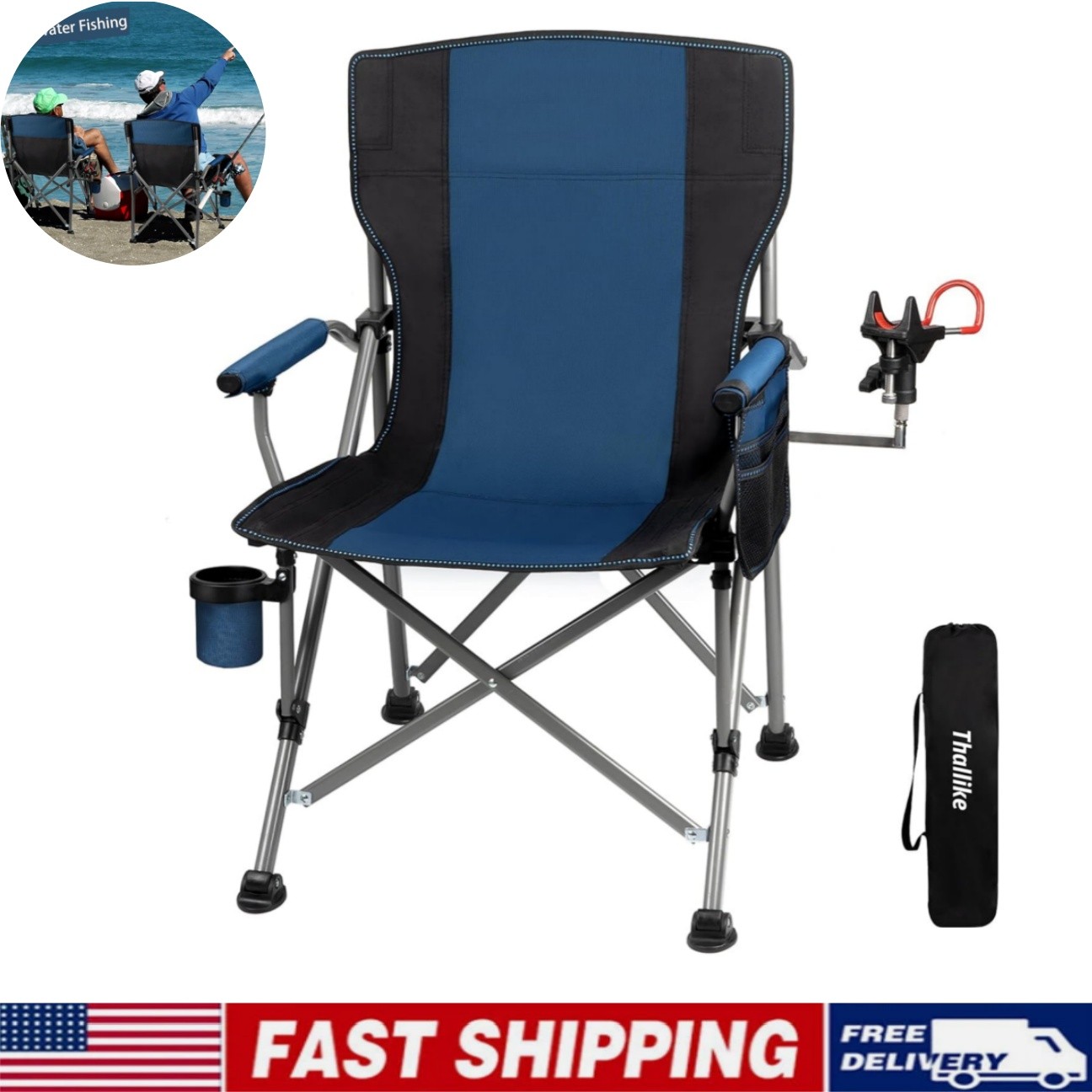 Portable Camping Chair with Side Pocket Cup Holder for Outdoor Sports Garden US