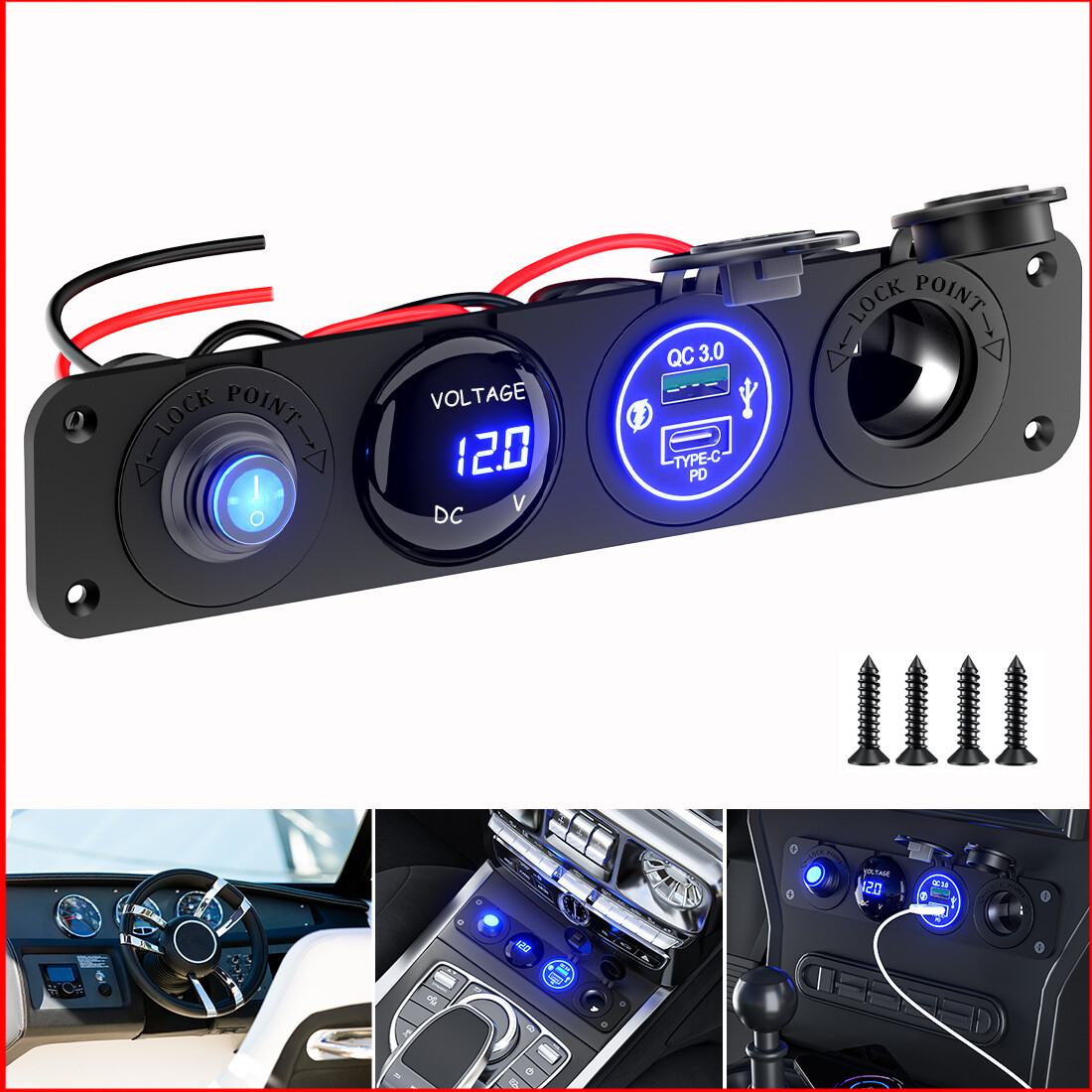 4 in 1 Blue Rocker Switch Panel LED Voltmeter,Charger,USB Cigarette Lighter