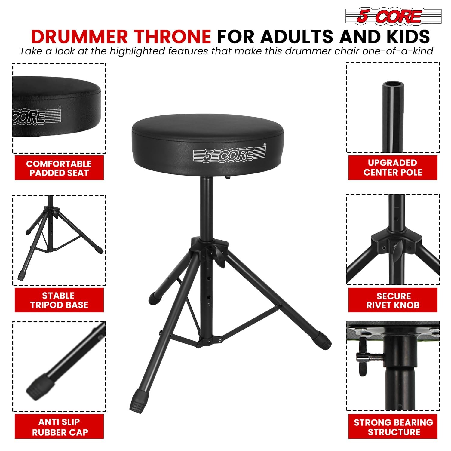 5 CORE Drum Throne 3 Inch Padded Comfortable Guitar Adjustable Height, Black