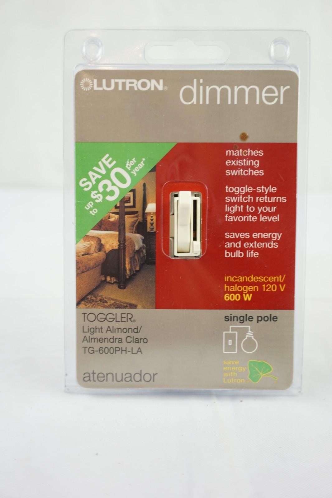 Lutron Toggler Switch Dimmer 600 Watts TG-600PH-LA Single Pole Almond 401-393