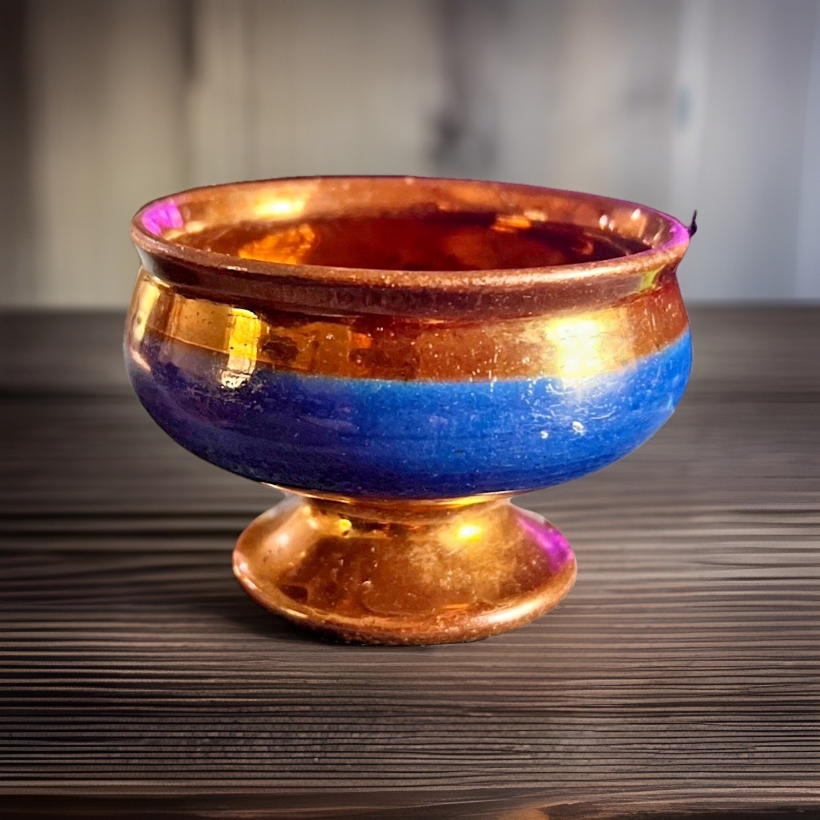 Antique Copper Lusterware FOOTED MASTER SALT W/blue band
