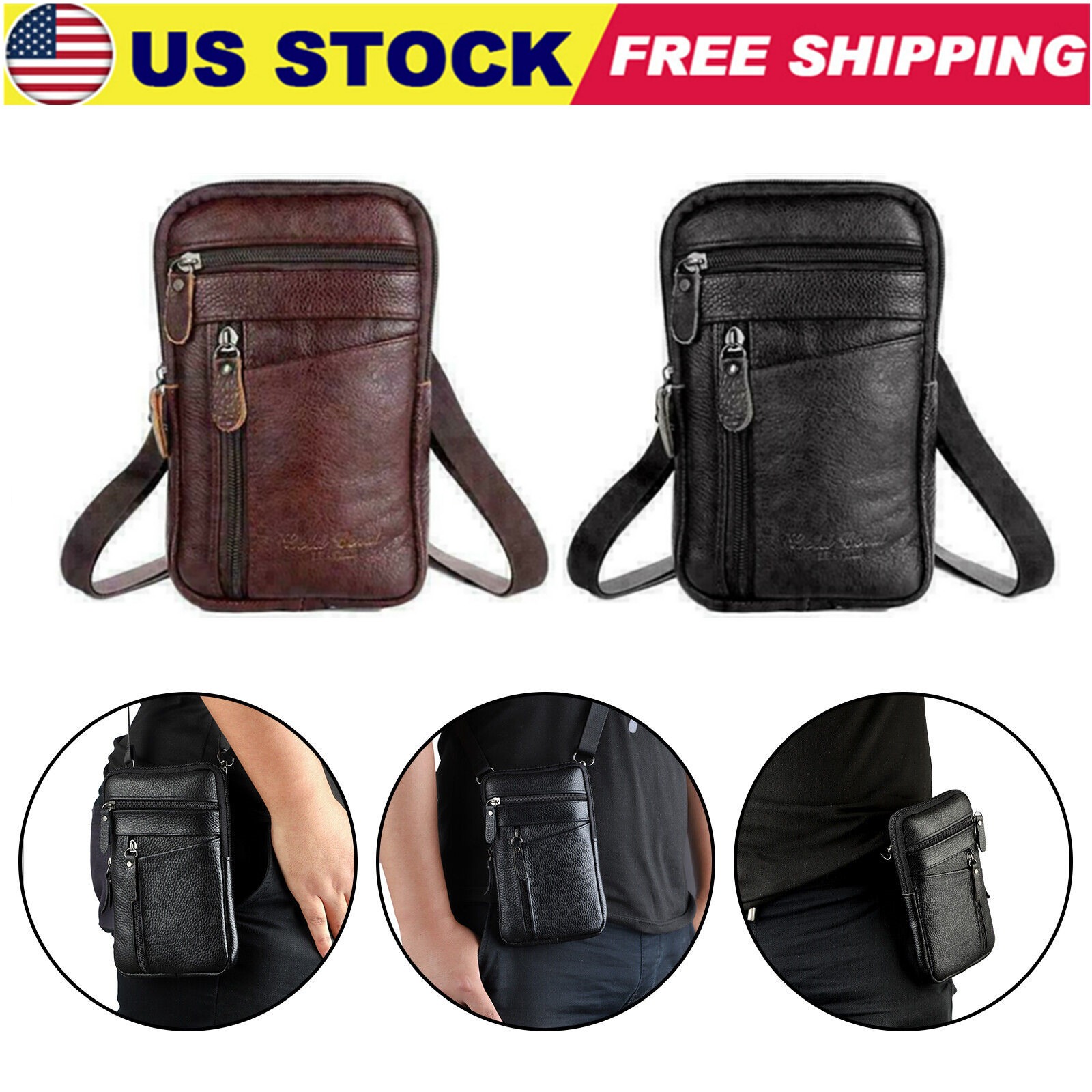 Men Leather Cell Phone Belt Bag Waist Bag Shoulder Pouch Crossbody Purse Pocket