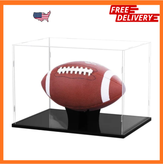 Football Display Case Full Size Acrylic Clear Box with Stand UV Protected Memo