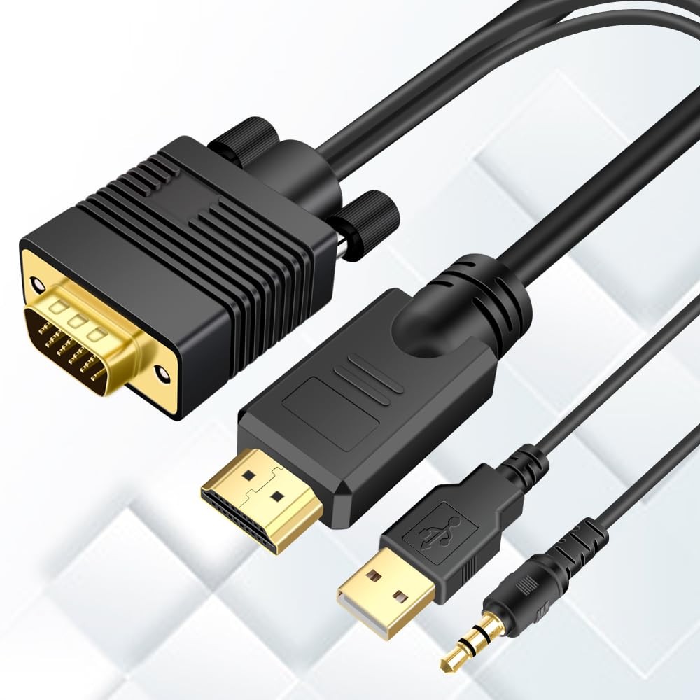 Kirzi VGA (Sources) to HDMI(Display) Cable 10ft with Audio, 10ft, Black/Gold