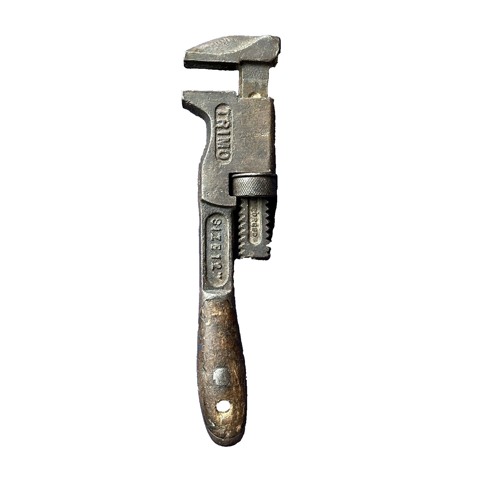 Vintage Trimo 12" Pipe Wrench Trimont MFG Co Roxbury, MASS Wood Handle