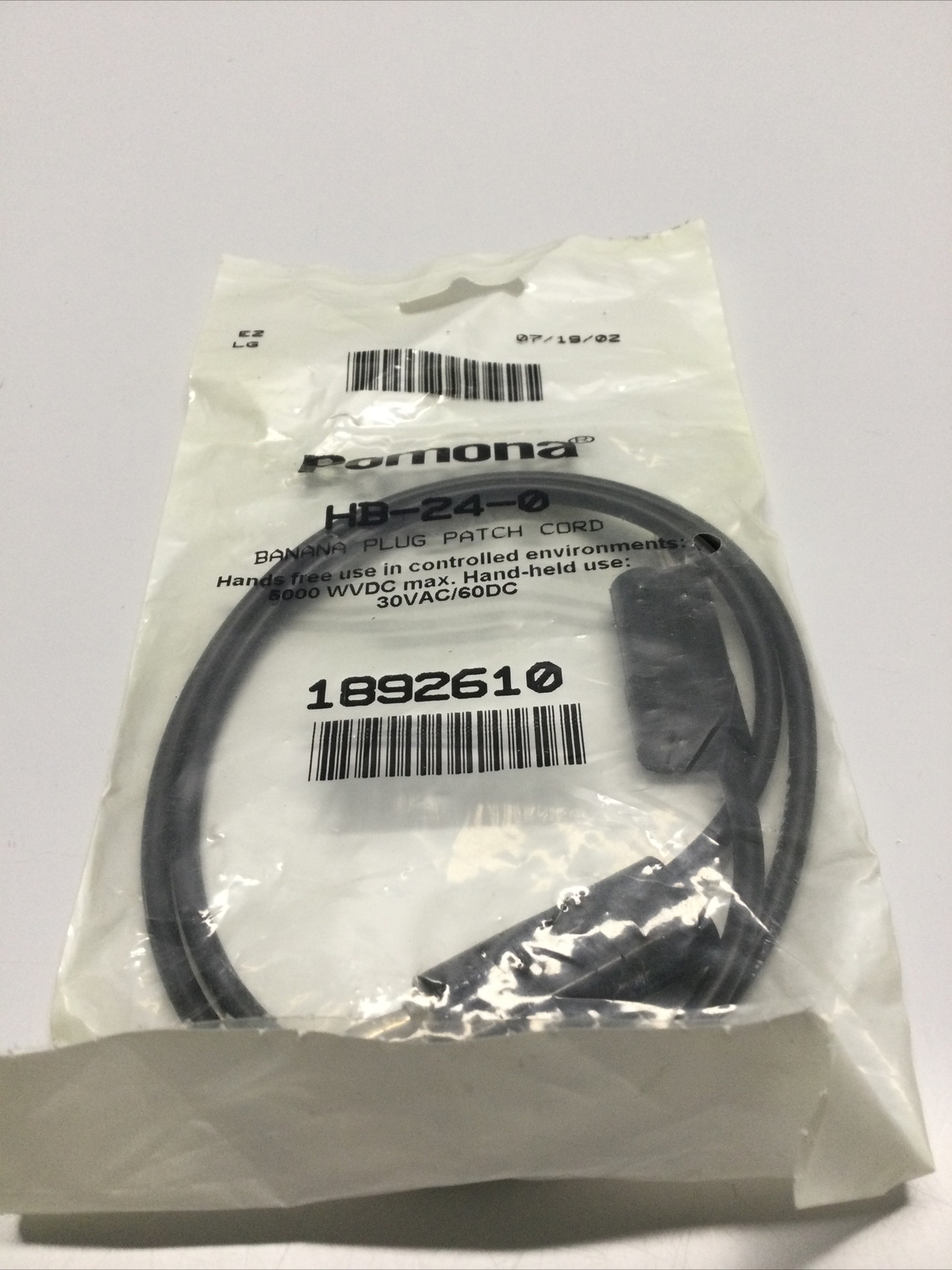 NEW, POMONA, HB-24-0, BANANA PLUG PATCH CORD, 24 in, 30VAC/60DC. (6K-1)