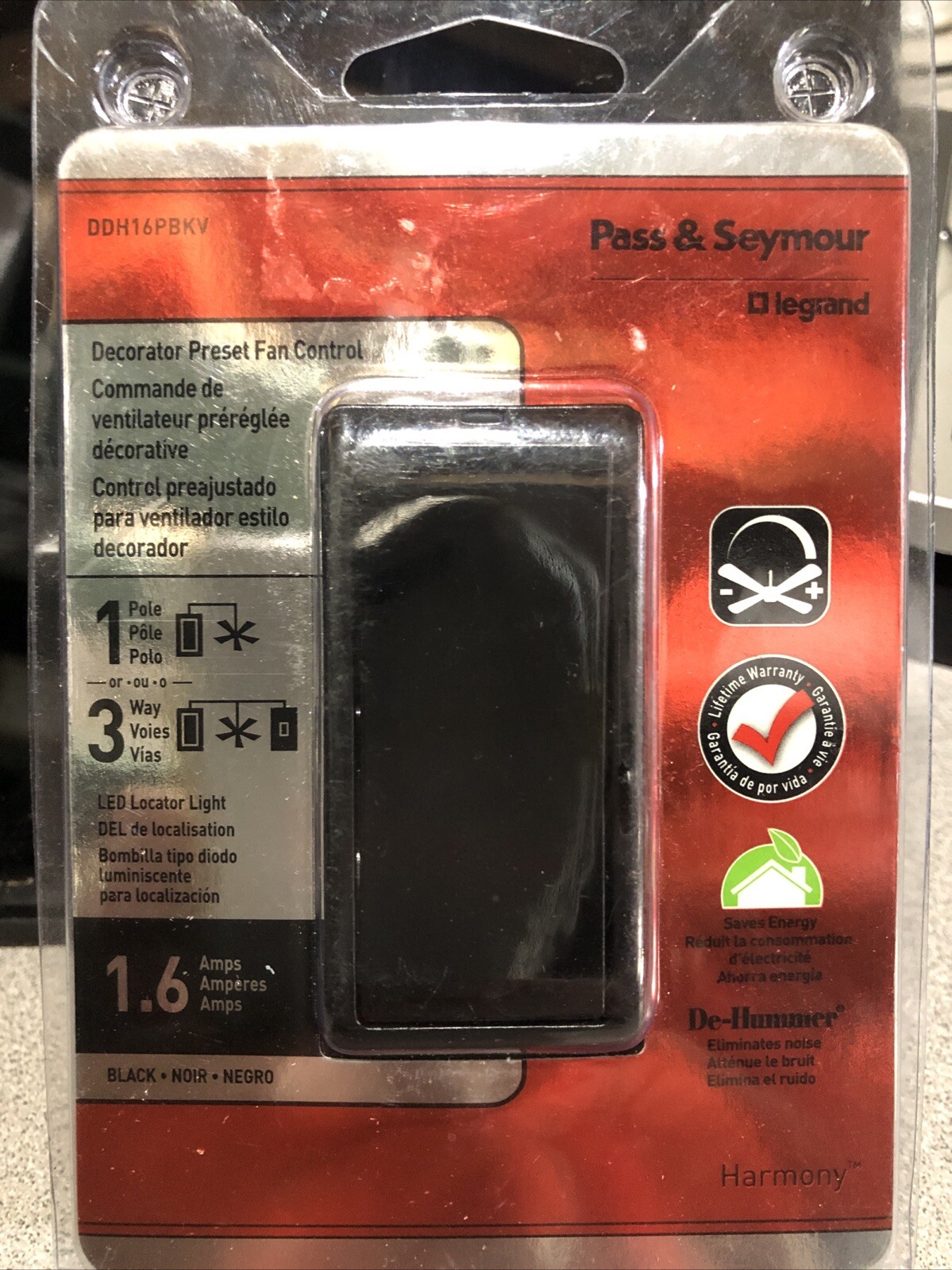 Pass & Seymour DDH16PBKV Black Decorator Preset Slide Dehummer Fan Control