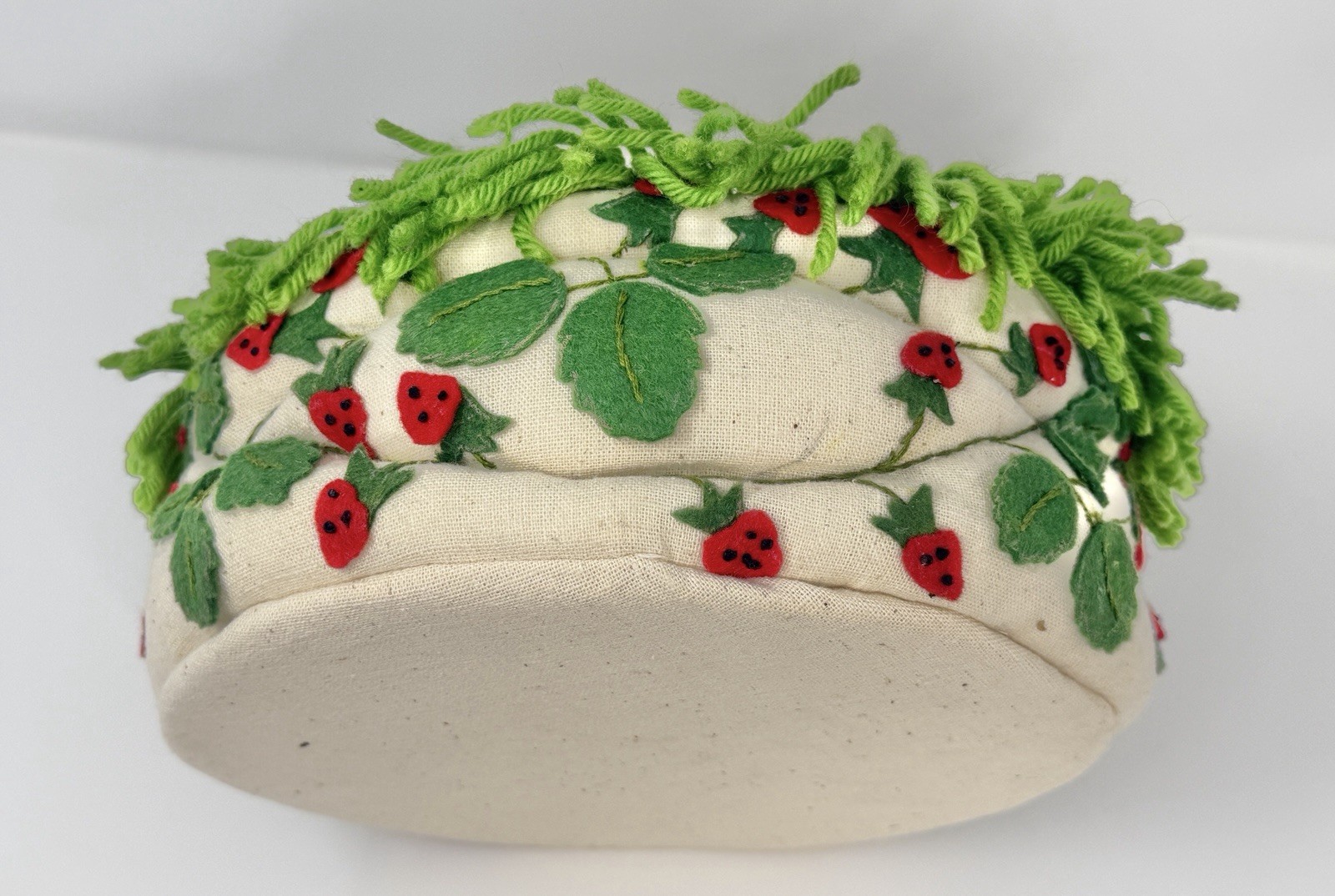 Handmade Felt Yarn Strawberry Easter Basket Storage Red Green OOAK