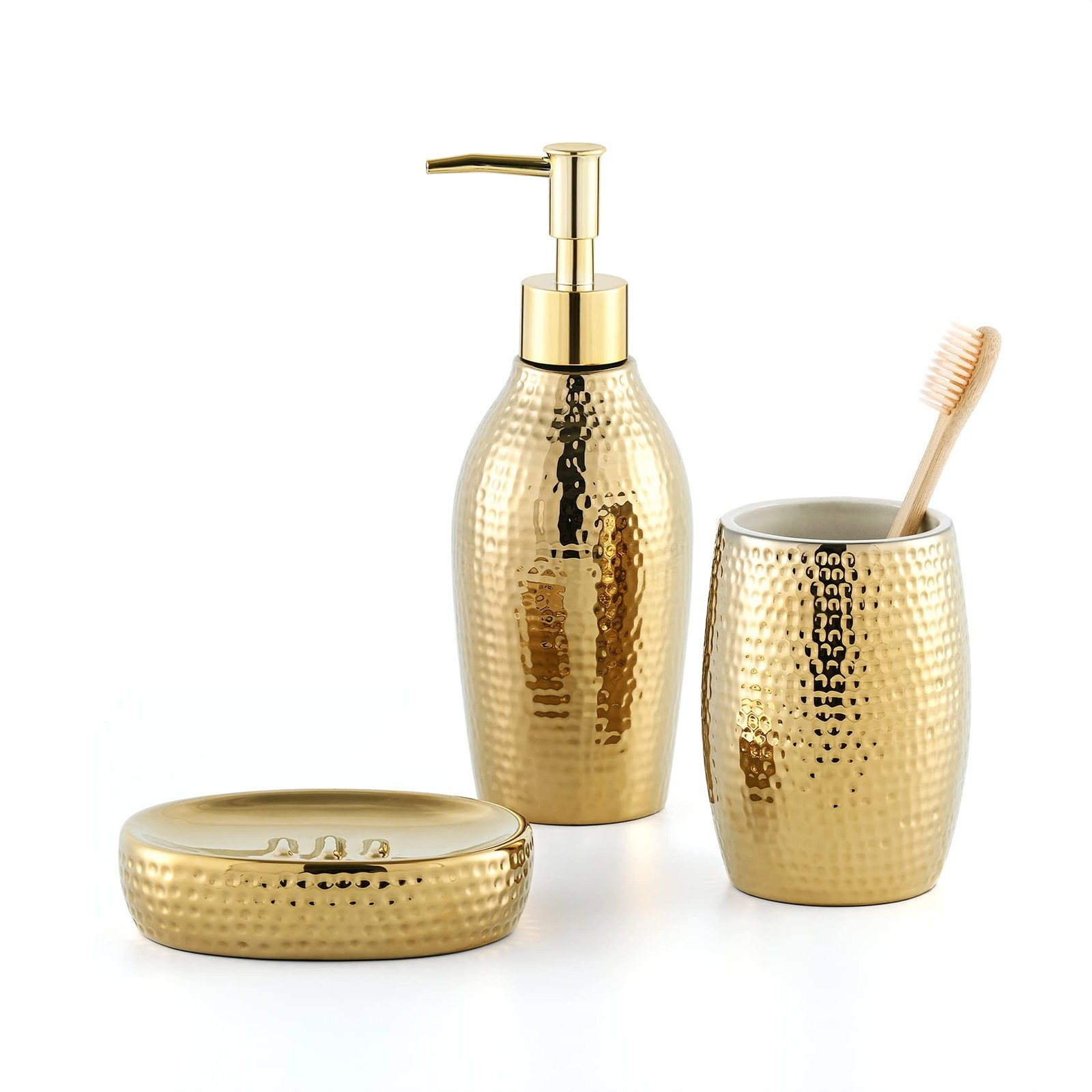 Gold Bathroom Accessory Set - 3 Piece Decorative Ceramic Bathroom Accessories S