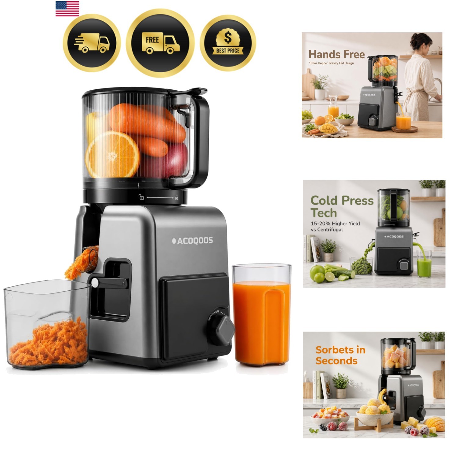 3-in-1 Cold Press Juicer Machines, 6.5" Mega Chute for Whole Fruit, Slow Mast...
