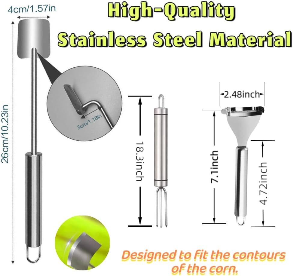 3PCS Corn Peeler Stainless Steel Corn Peeler, Stripper Tool and Corn Holder Set