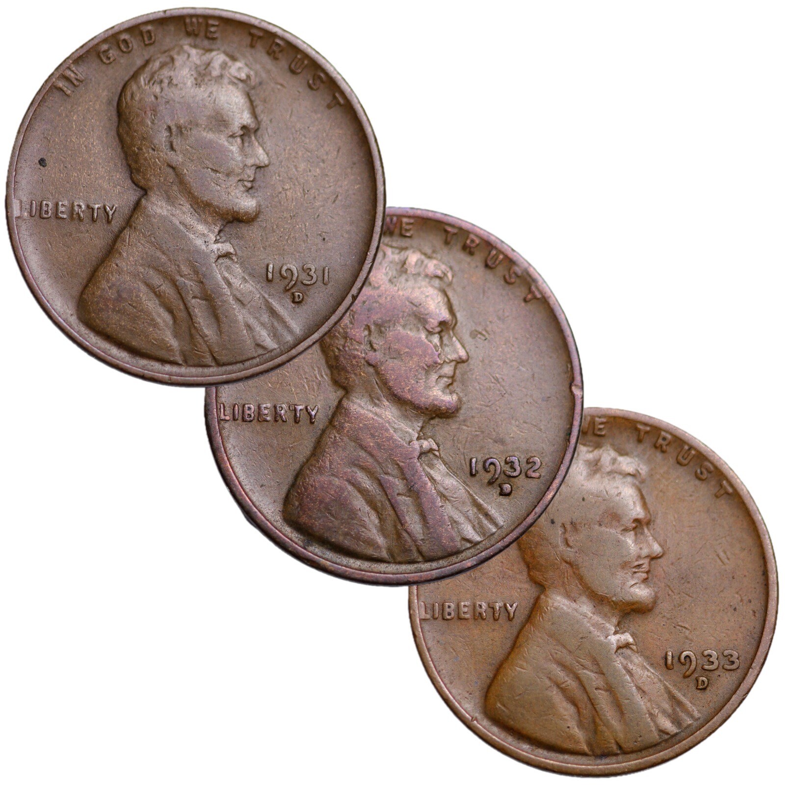 (RUN OF 3 PC) 1931-D, 1932-D, 1933-D Lincoln Wheat Cent Penny Lot Key Dates NICE