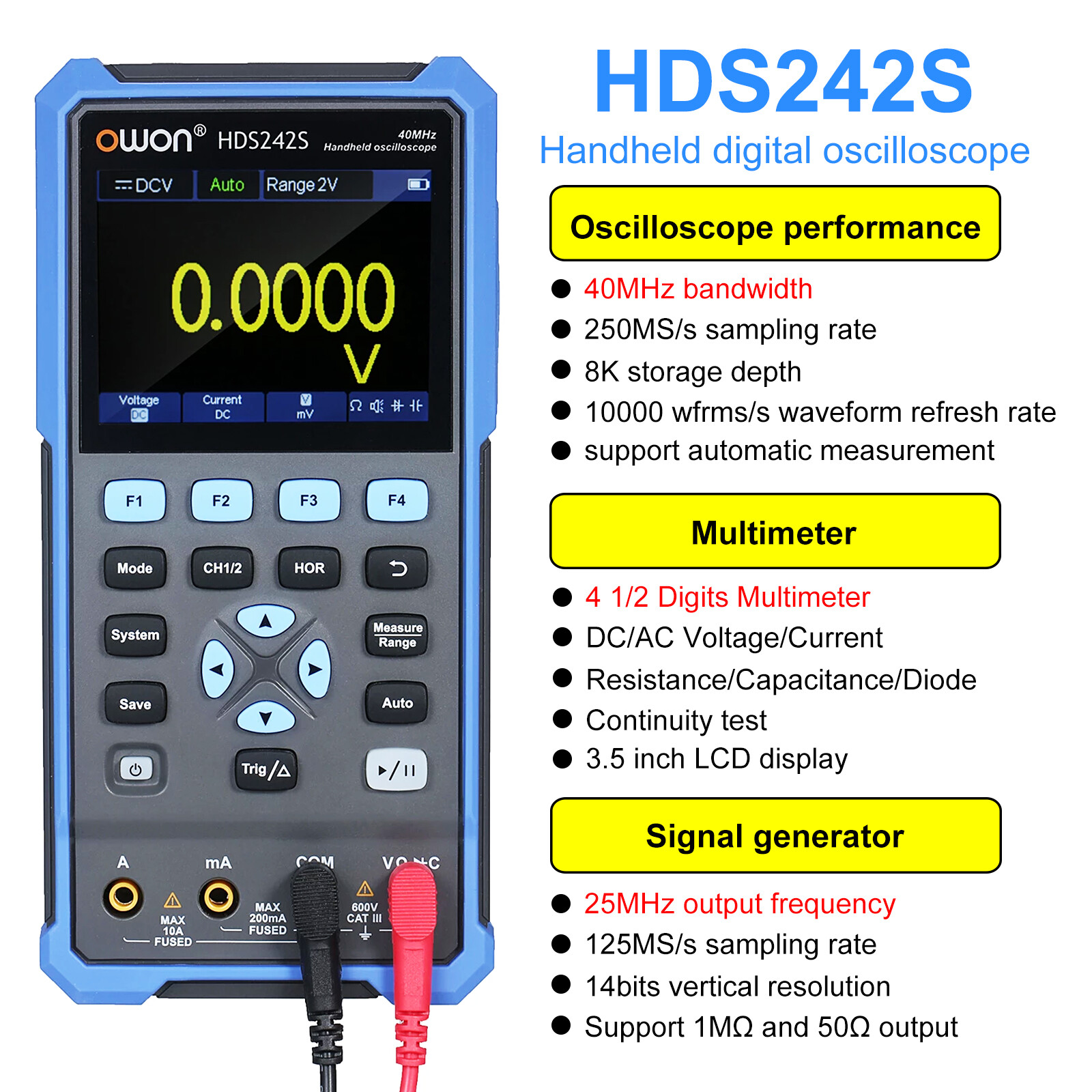 OWON HDS200 Series Handheld Digital Oscilloscope 2CH+1CH Waveform Generator USB