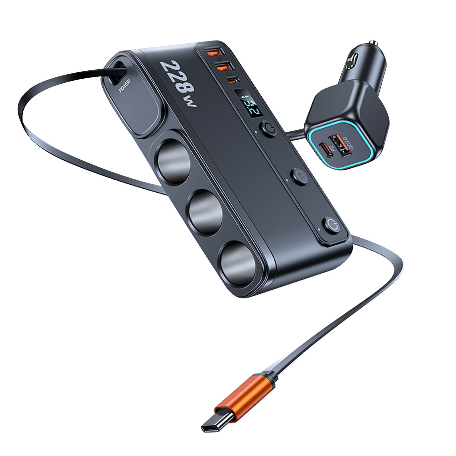 9-in-1 Car Power Charger with ON Off Buttons 3 Lighter Sockets 6 USB 228W