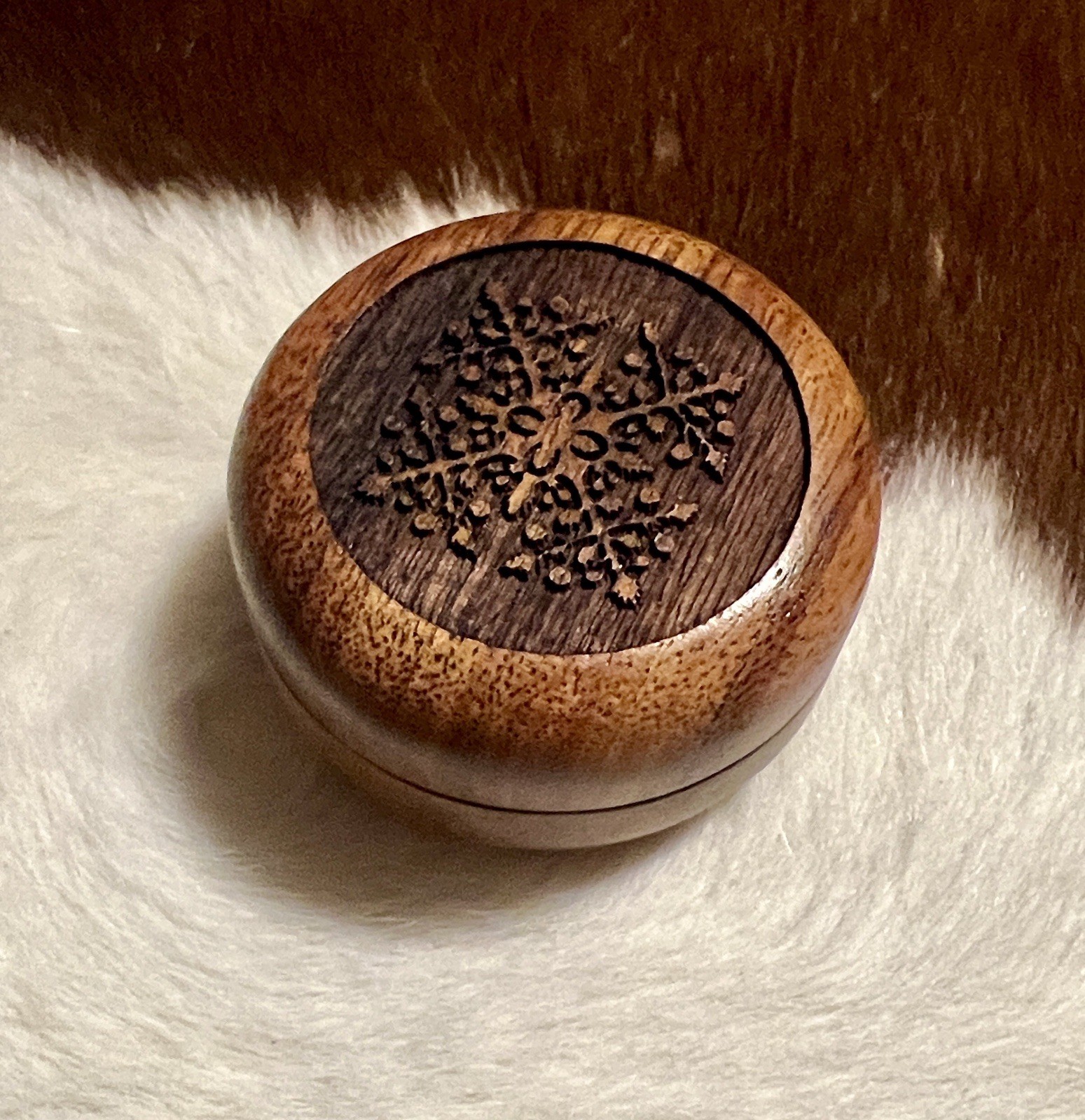 Handcrafted Brown Wood Trinket Box with Carved Floral Lid