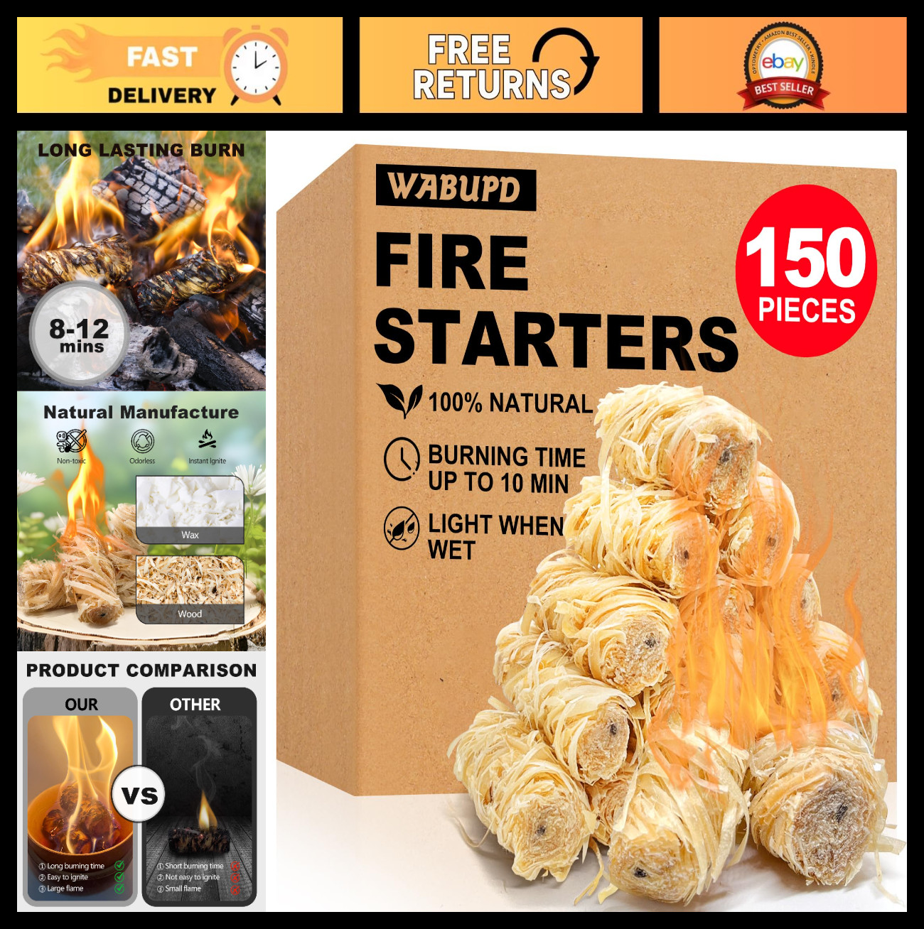 150 Pcs Natural Fire Starters for Fireplace, BBQ, Pizza Oven, Fire Pit & Grill