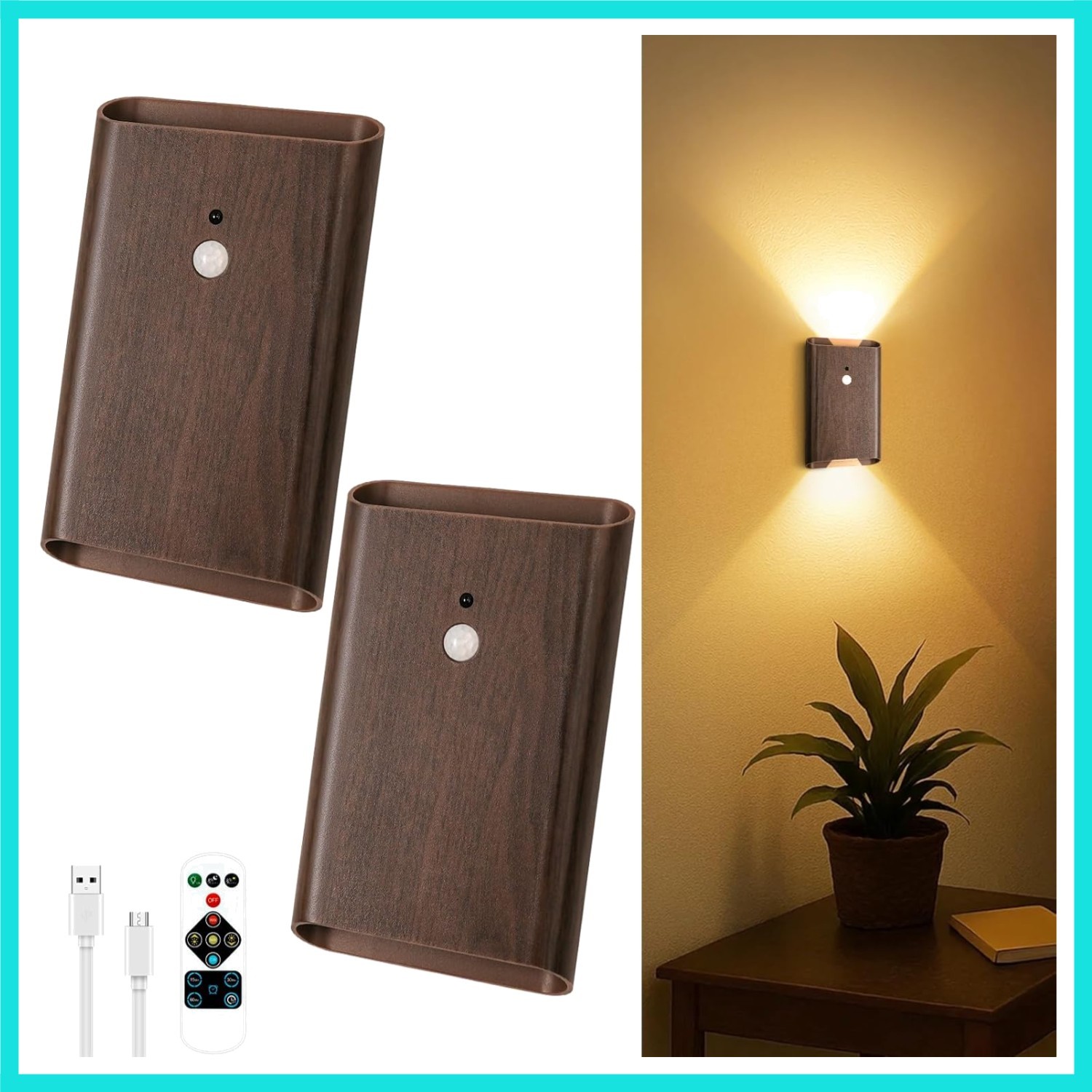 Rechargeable Motion Sensor Wall Light - 3 Colors Battery Powered Wireless Wal...