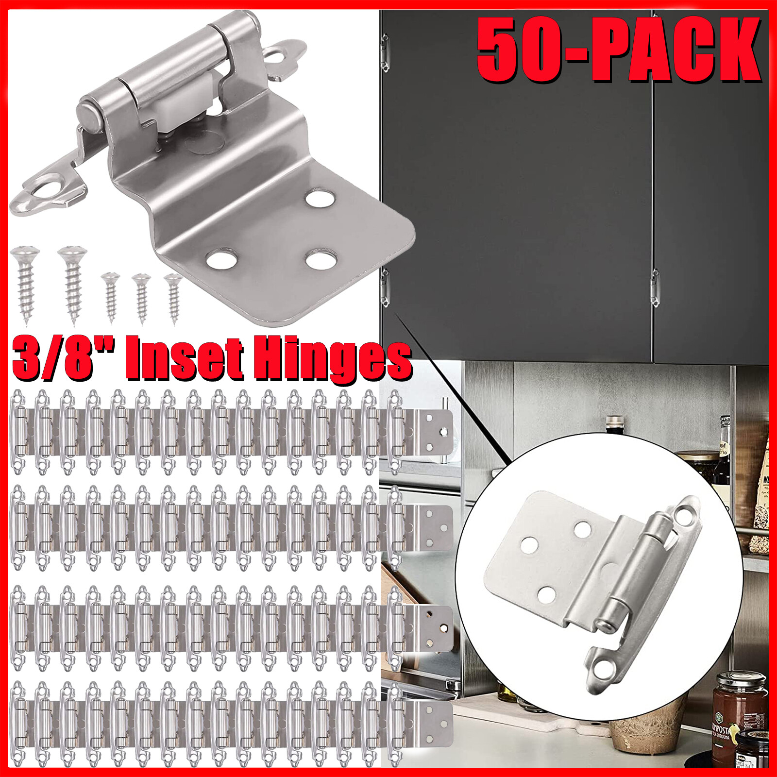 50PCS Satin Nickel 3/8" Inset Kitchen Door Cabinet Hinge Self Closing Face Mount
